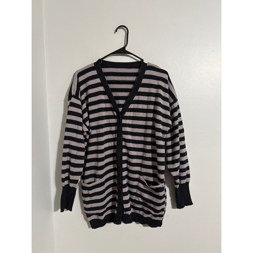 Vintage Made in Denmark 100% Cotton Striped V-Neck Cardigan Sweater Black Purple
